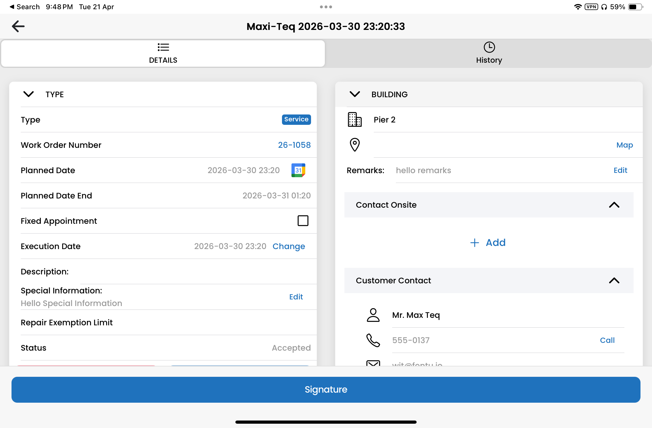 fentu field app — technician work order on iPad